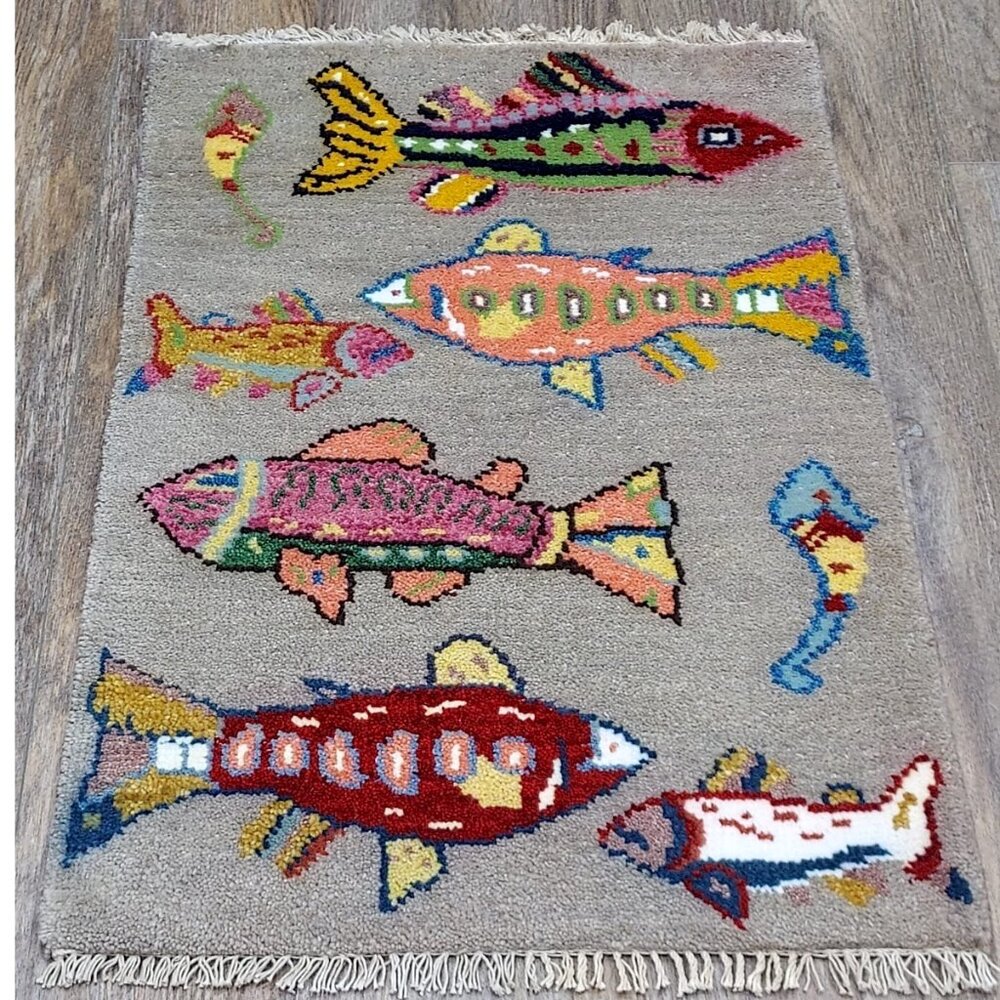 TURKISH FISH Bohemian Rug (Tree of Life) POP ART Hand Made Rug 2 x 3